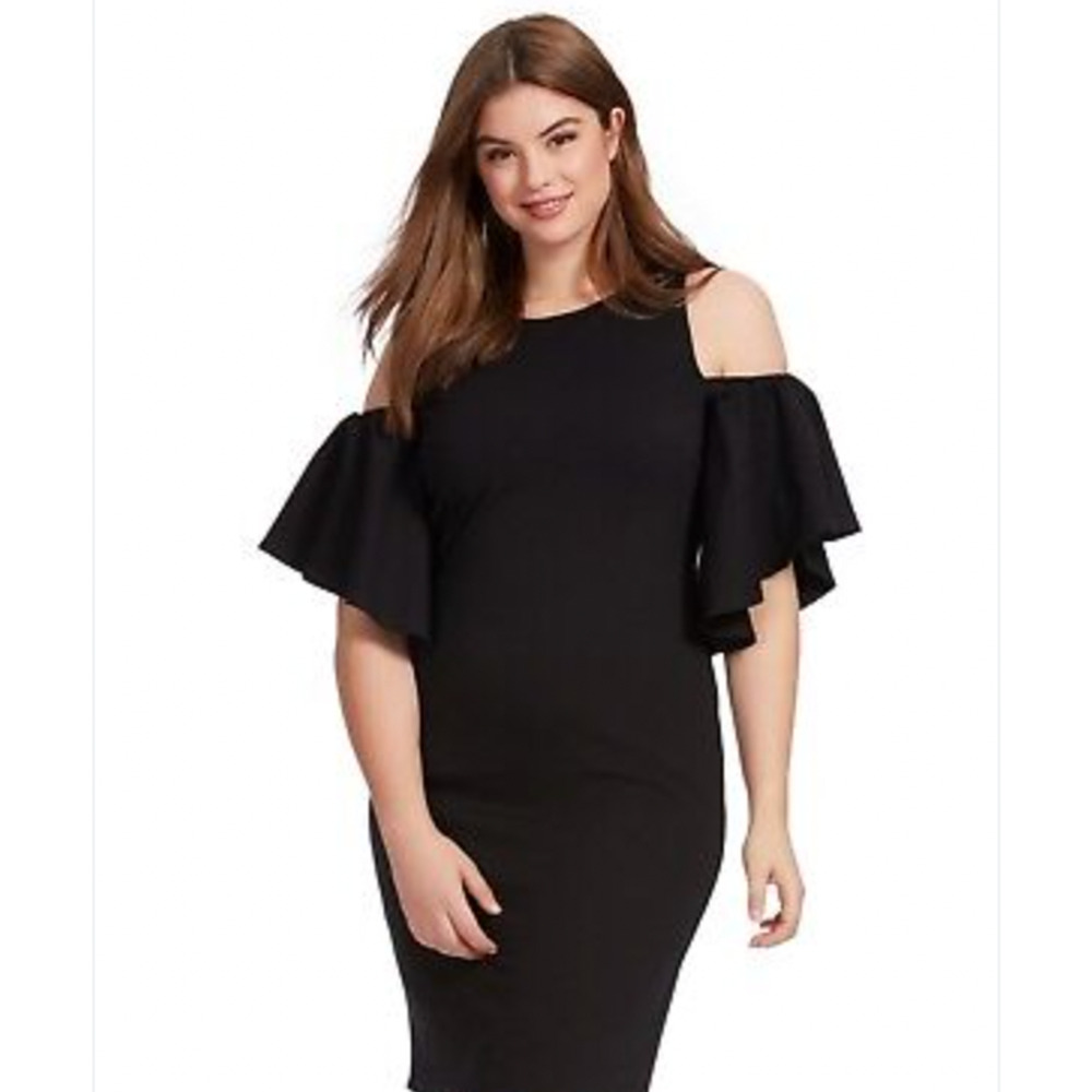 Eliza J Cold Shoulder Flutter Ruffle Short Sleeve Black Midi Sheath Dress Sz 14
